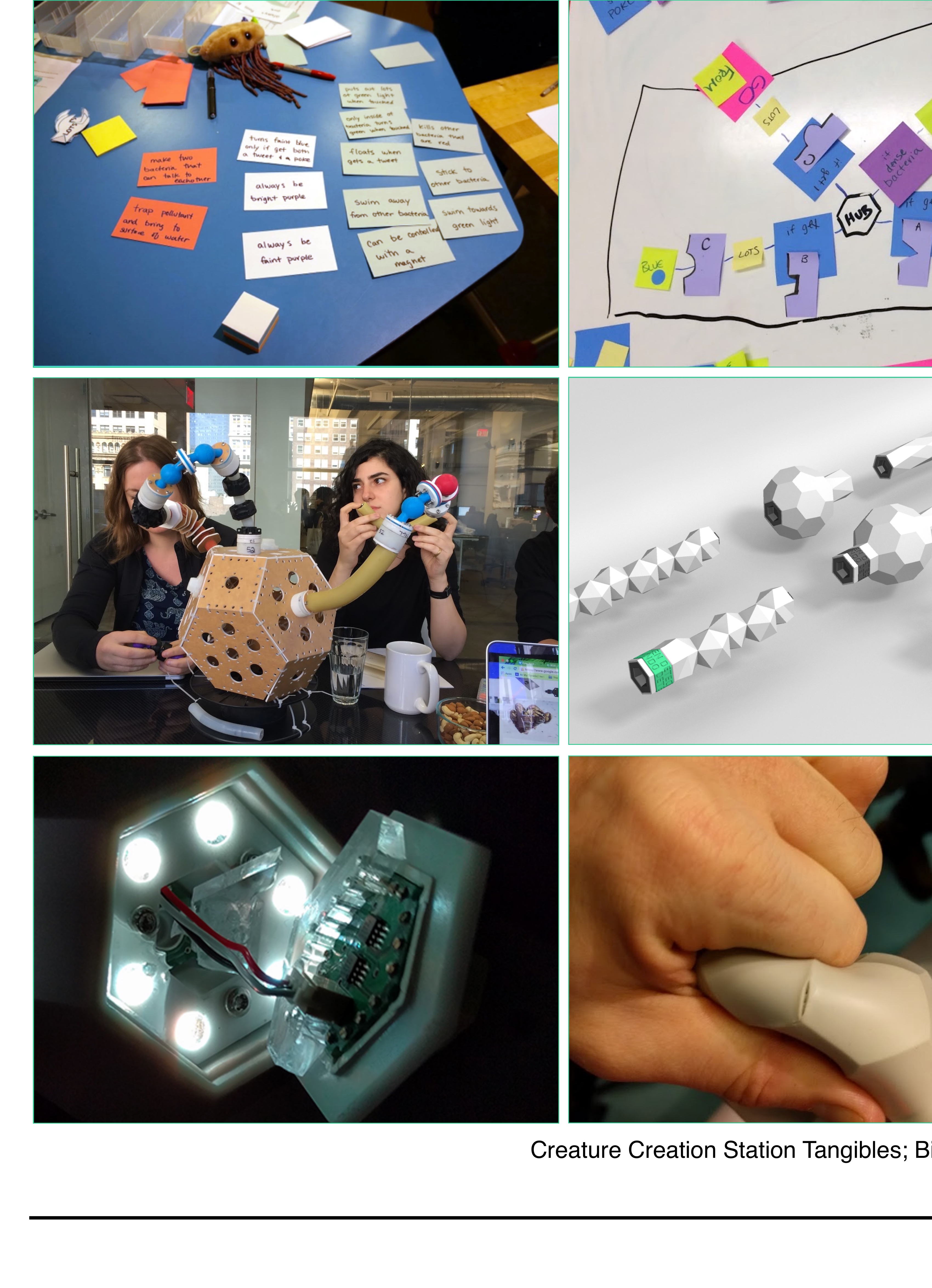 Process grid for the Creature Creation Station: sticky-note ideation tables of creature behaviors, a paper map of token interactions, two designers holding cardboard prototype probes around a perforated-ball test rig, white 3D-printed token geometries on a neutral background, an inside-housing electronics shot with hex LEDs, and a final molded hand-held token in use.