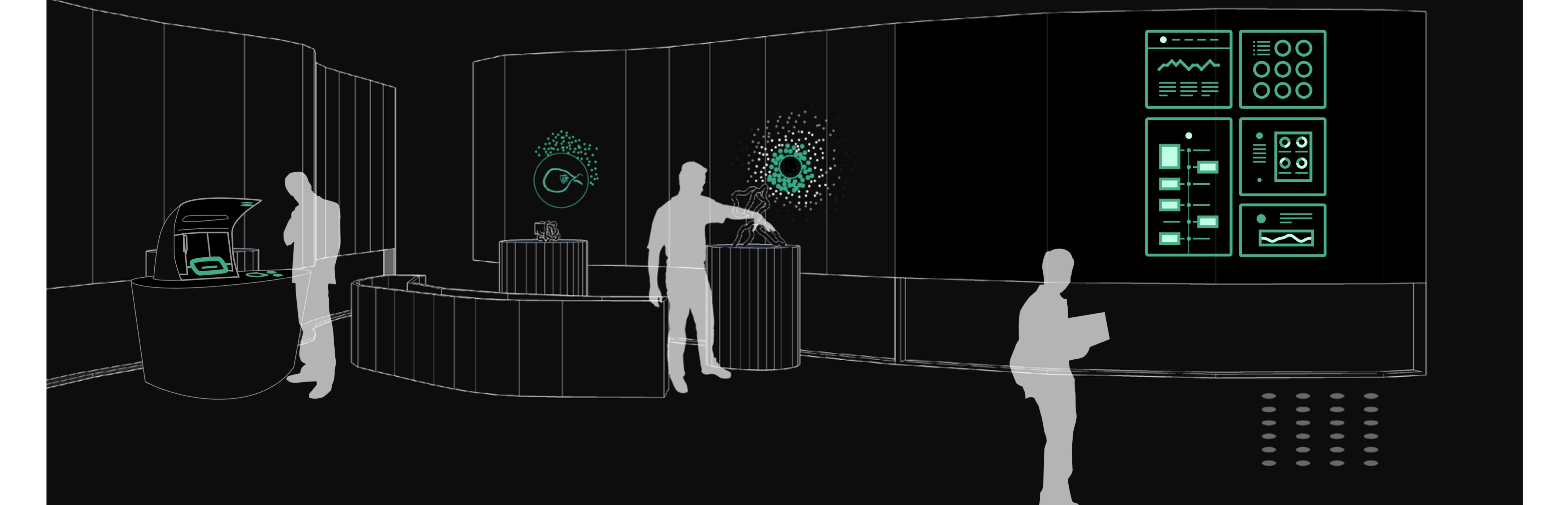 Concept rendering of a three-part biotech-center gallery, drawn in white wireframe on a black ground. Left: a genomic testing station with a single visitor at a curved counter. Middle: a sequencing and data-analysis station with a visitor reaching toward a green molecular visualization. Right: a wall-scale operations-feed dashboard in teal with a visitor watching it.